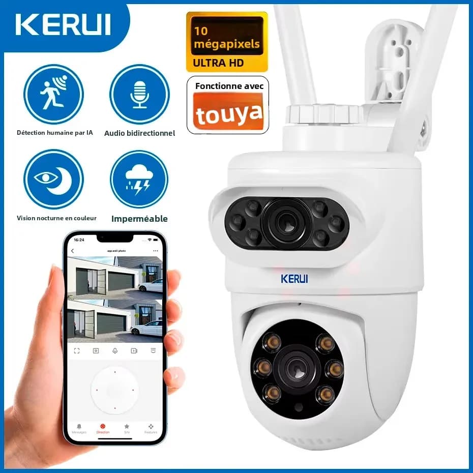 Caméra de sécurité extérieure KERUI 10MP 5K HD WiFi détection humaine PTZ avec double objectif