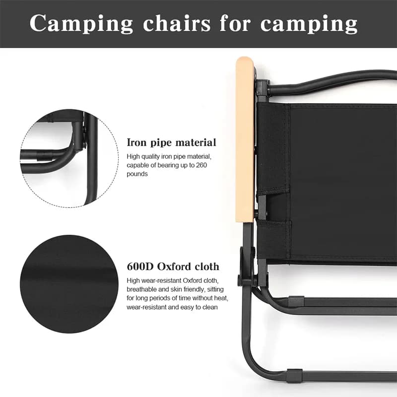 Chaise de camping pliante avec accoudoirs bois - Siège pêche style vintage pour plage et pique-nique