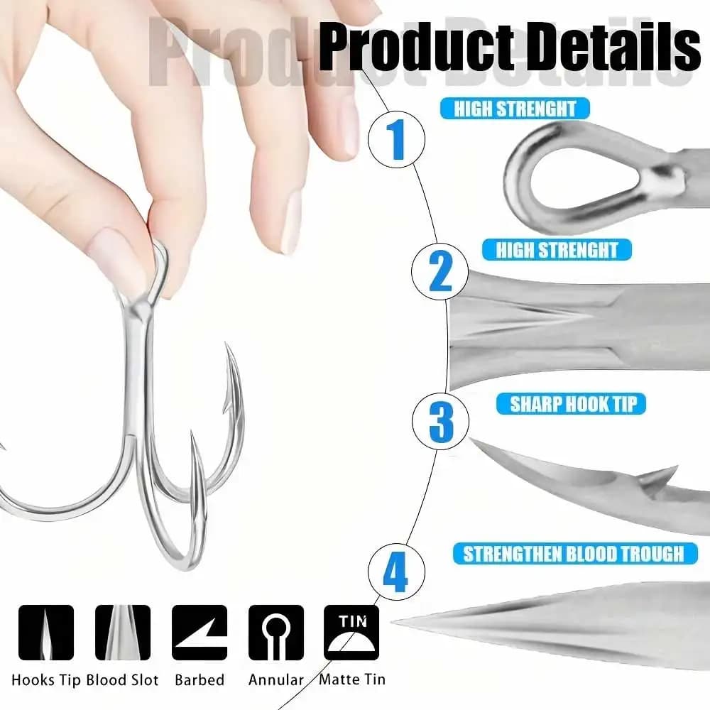 10 hameçons triples CAZULO acier inox carbone - Hameçons renforcés pour pêche eau douce et mer