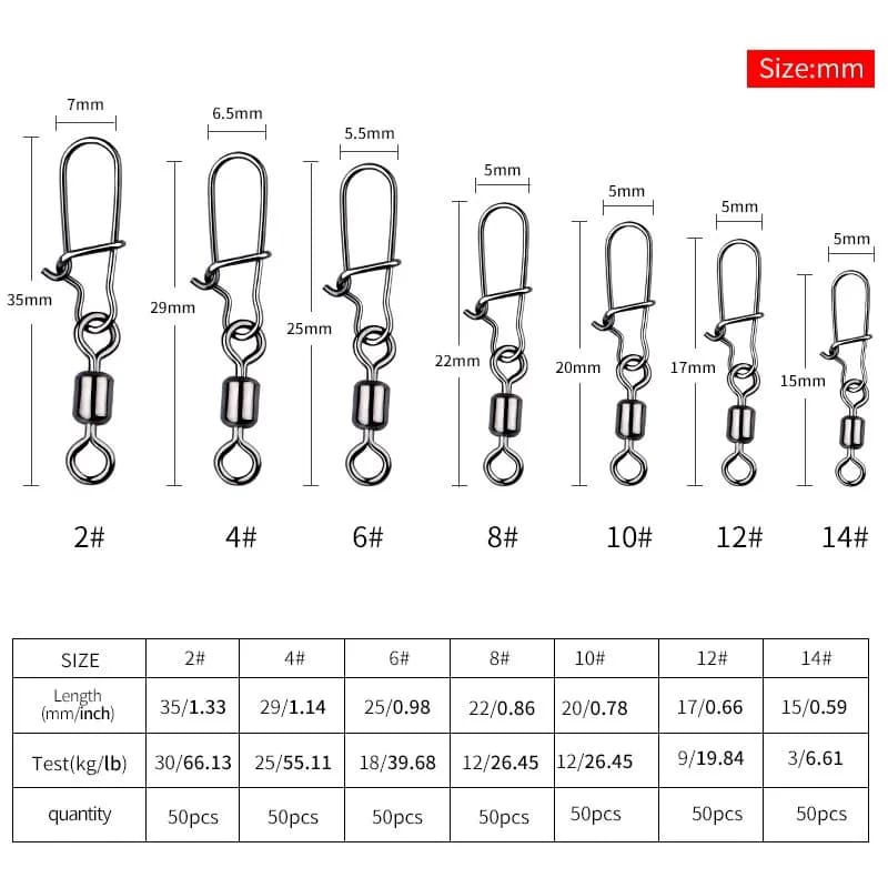 Connecteur de pêche MEREDITH 50 pièces avec roulement à aiguilles, hameçon et émerillon acier inoxydable pour leurres