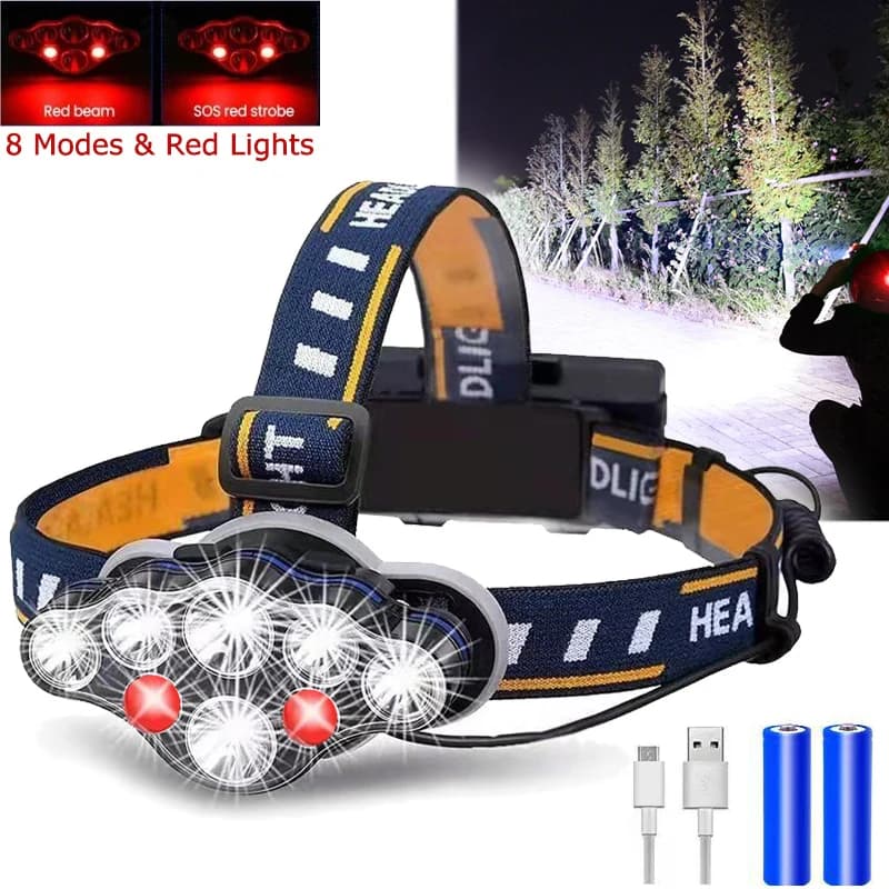 Lampe frontale puissante 8 LED étanche pour pêche nocturne et camping - 8 modes d'éclairage