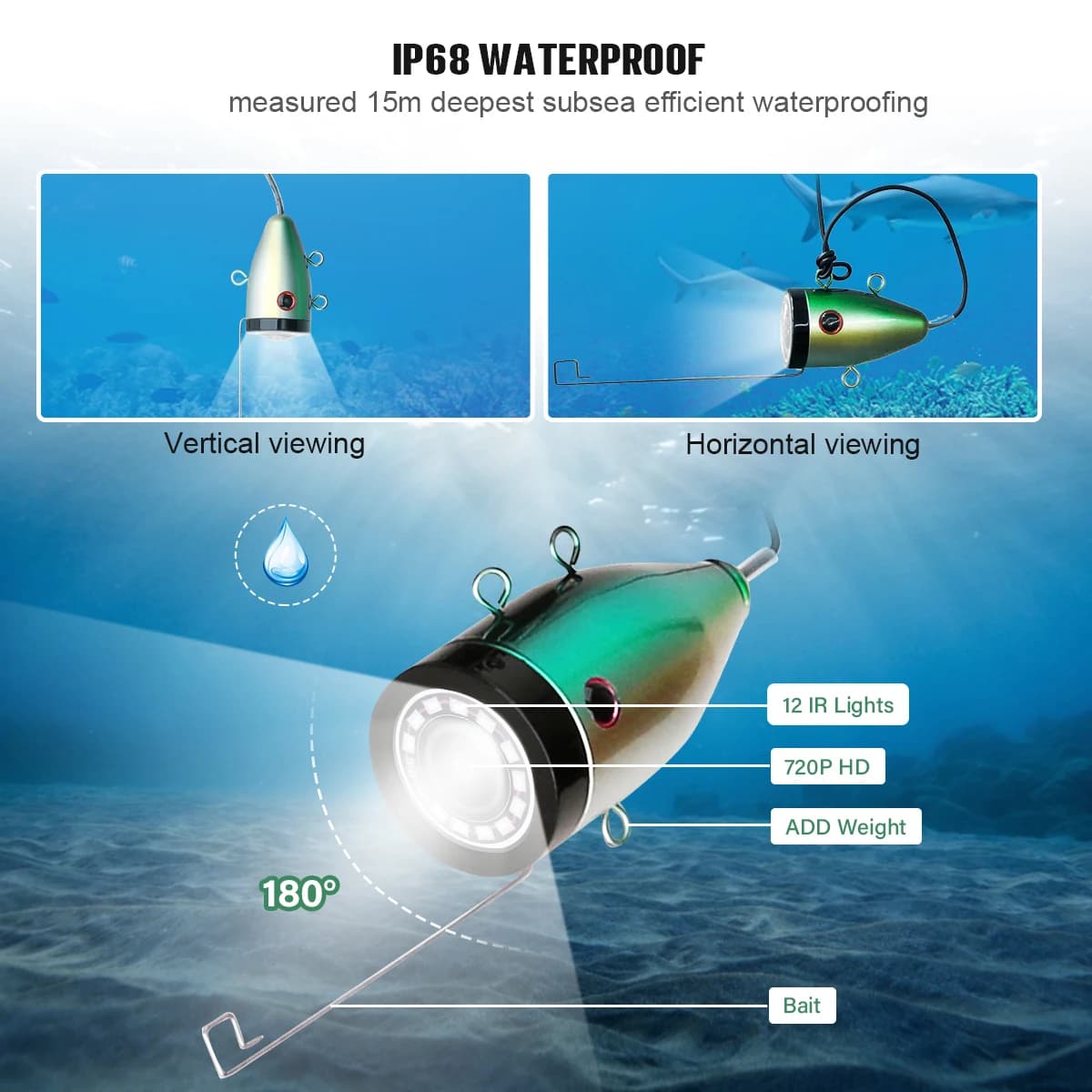Caméra pêche sous glace 5 pouces DVR AHD 1080P 12 LEDs IR avec carte 16GB pour enregistrement vidéo