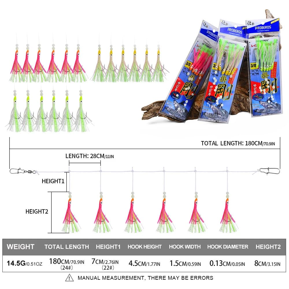 Leurres luminescents 6PCS Sabiki rigs pour pêche mer poissons bleus calamars et maquereaux