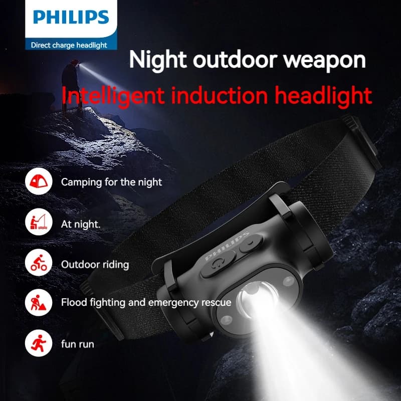 Lampe frontale PHILIPS LED avec capteur et 10 modes d'éclairage rechargeable Type-C pour pêche et camping