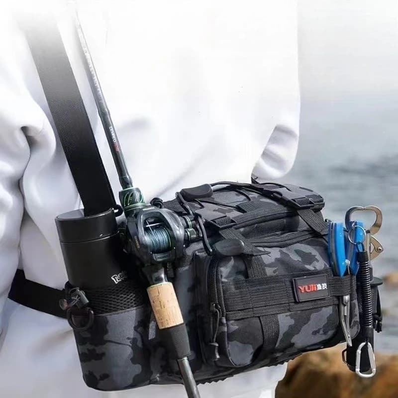 Sac pêche épaule multi-poches renforcé porte-canne rangement appâts matériel pêcheur