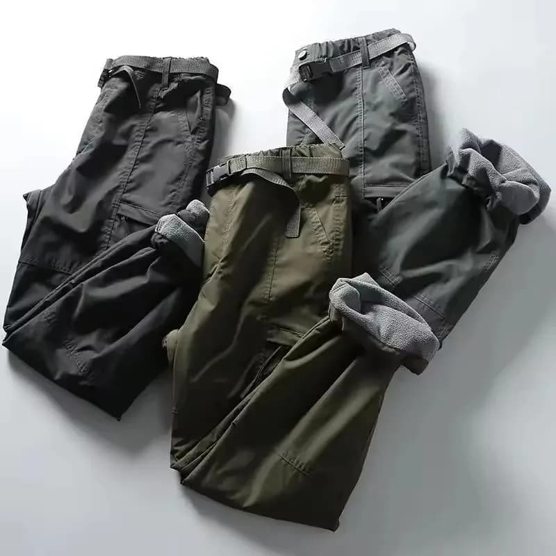 Pantalon cargo pêche hiver épais imperméable polaire multi-poches ample droit homme femme