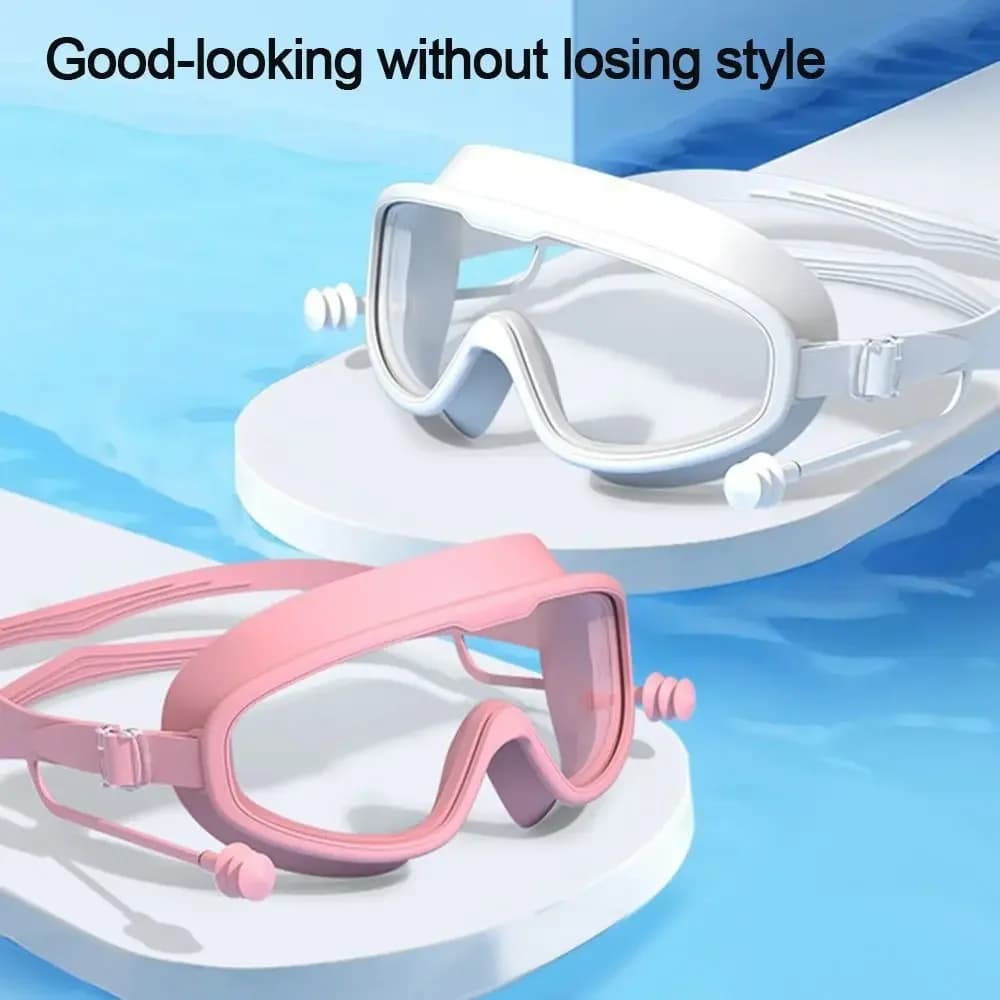 Lunettes de natation enfants grand cadre avec bouchons d'oreilles - Anti-buée pour piscine et plage garçons filles