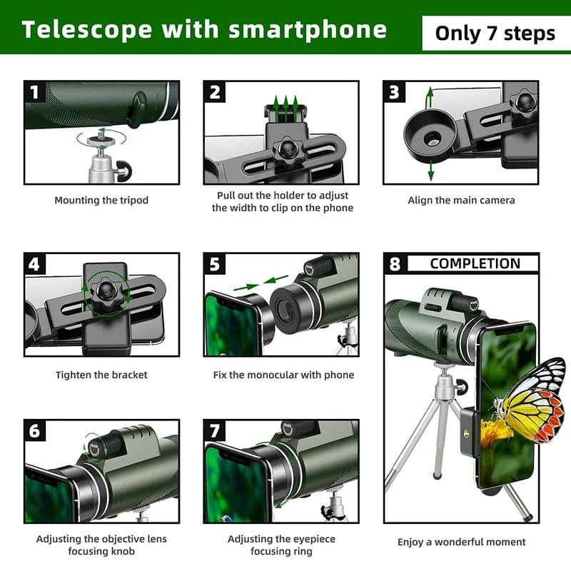Télescope monocular 80x100 avec trépied pour pêche - Puissance extrême avec support téléphone
