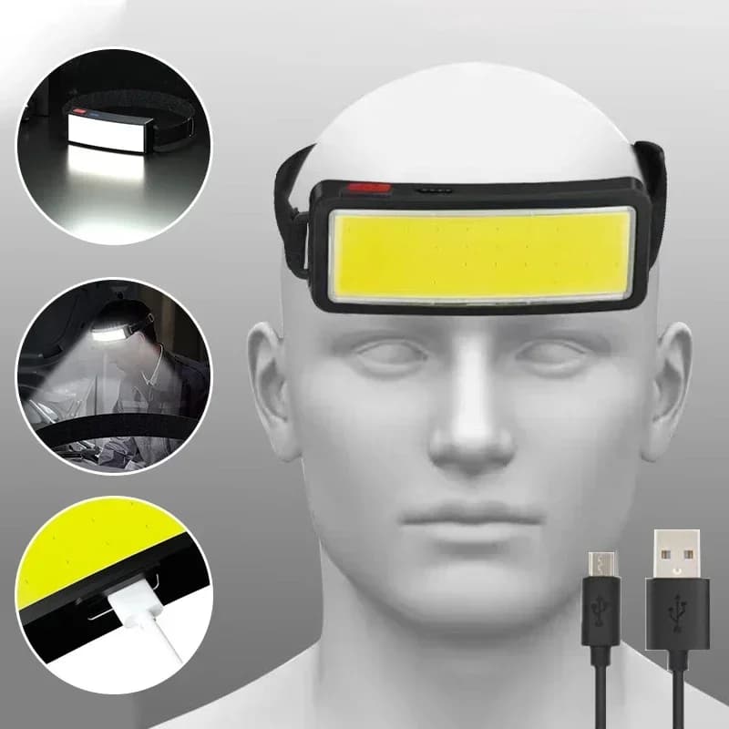 Lampe frontale COB portable rechargeable USB avec batterie intégrée pour pêche, camping et escalade