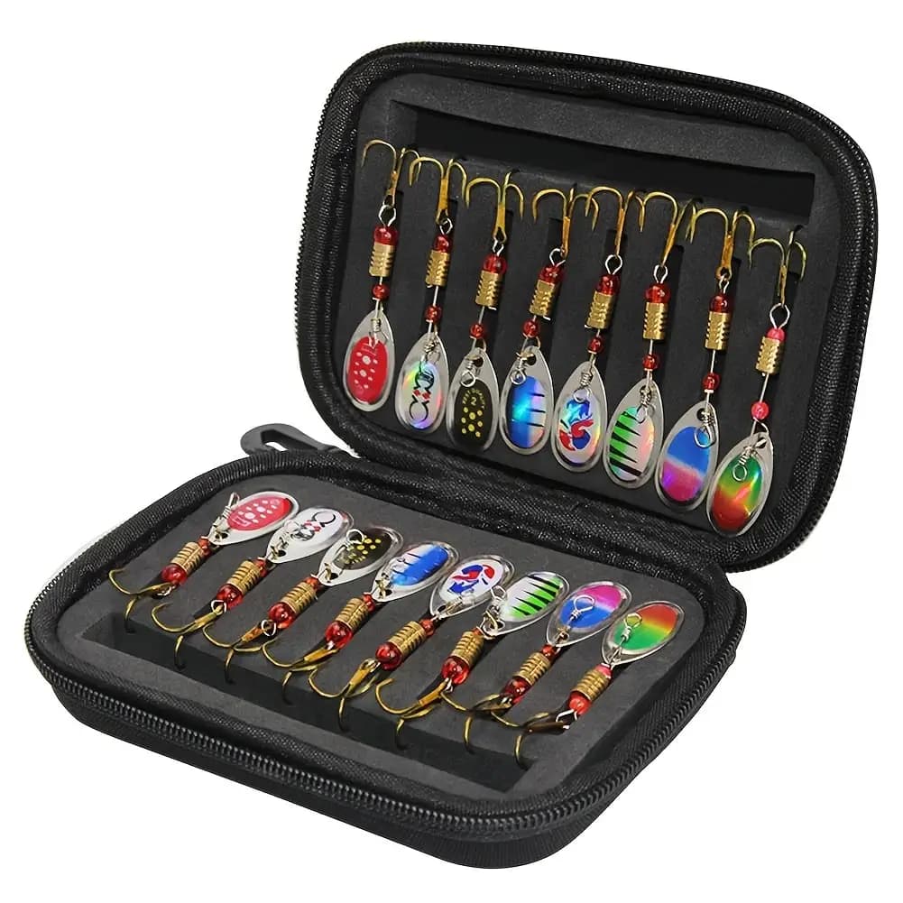 Leurre spinner métal 16 pièces pour brochet truite et perche, avec sac de pêche inclus
