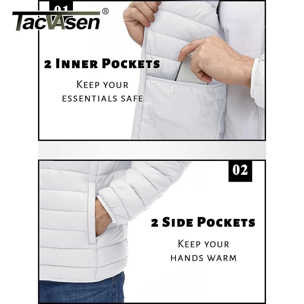 Doudoune légère homme TACVASEN col montant waterproof - Veste travail outdoor coupe-vent chaude zip complet