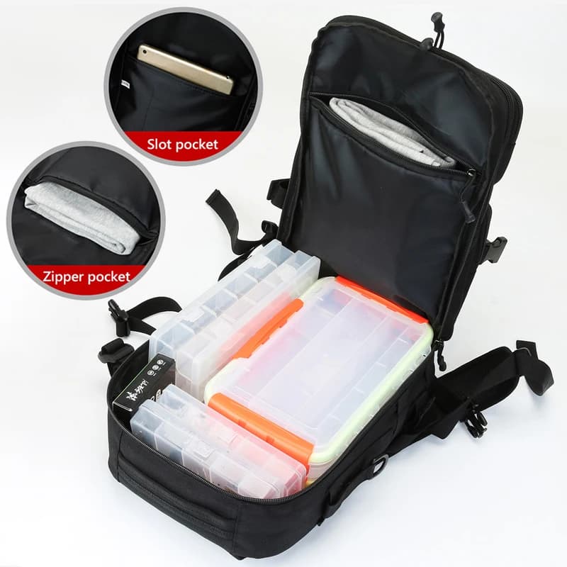 Grand sac à dos tactique pour matériel de pêche avec porte-canne et porte-gourde poches multiples pêcheurs