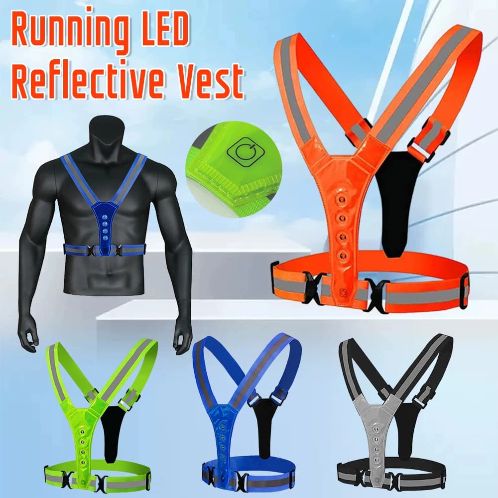 Gilet running LED réfléchissant en V - Veste lumineuse sécurité nuit pêche cyclisme - Élastique haute visibilité