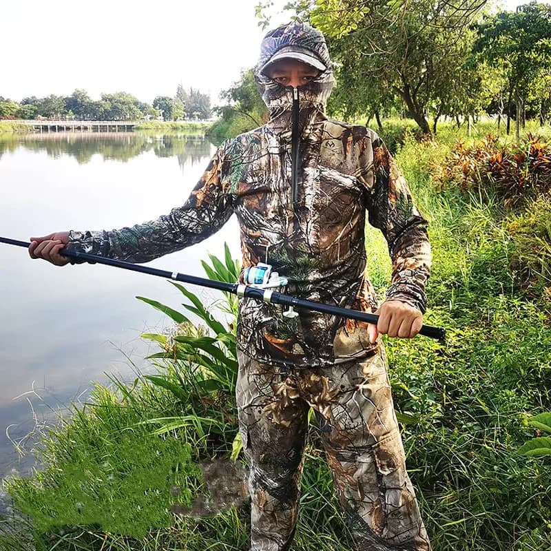 Tenue camouflage bionique arbre été léger pêche vêtements 5 pièces respirant sport extérieur sweat pantalon chapeau