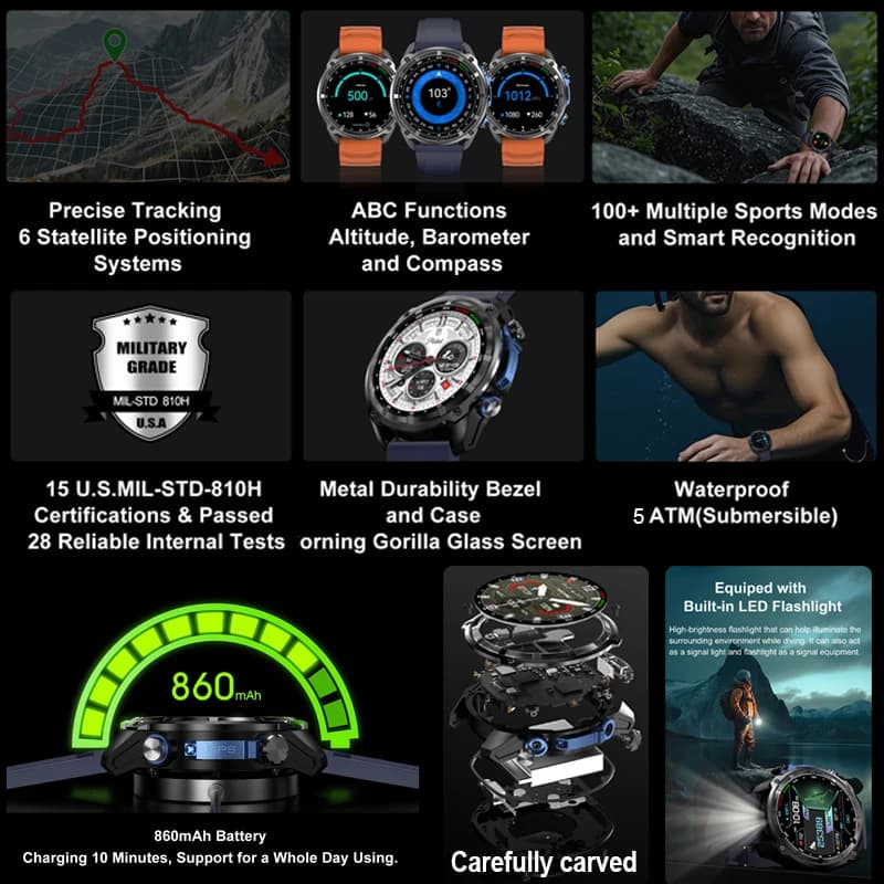 Montre connectée militaire T-Rex3 GPS carte boussole 4GB mémoire 1000mAh étanche 10ATM appel Bluetooth