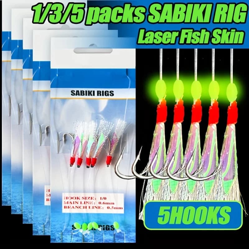 Montages Sabiki TAKBAS avec plumes lumineuses pour pêche en mer - rigs mackerel et poissons peau