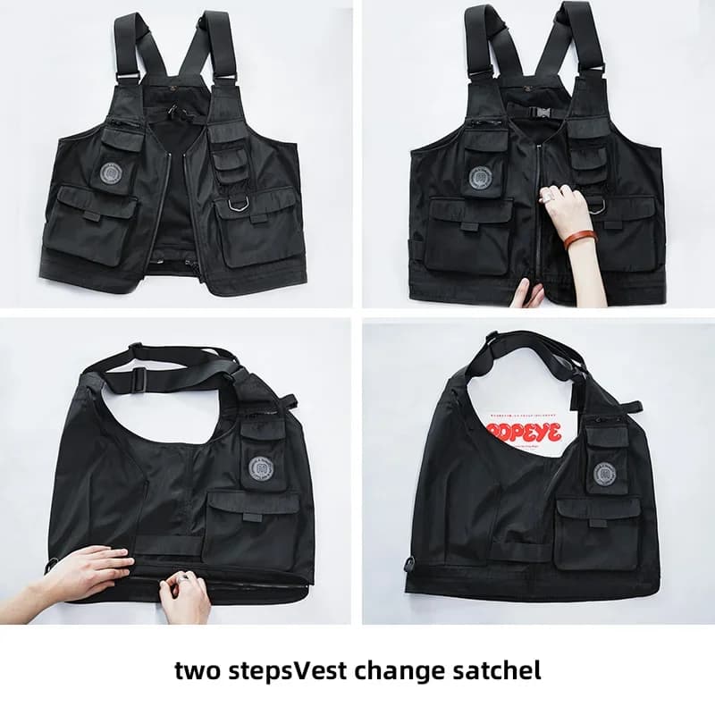 Veste tactique multi-poches pour hommes avec sac - Gilet photo rétro japonais à larges bretelles fonctionnel