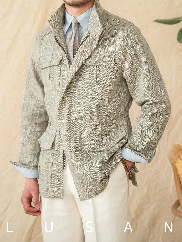Veste de pêche légère en coton et lin M65 - Col montant ajusté pour pêche printemps-été