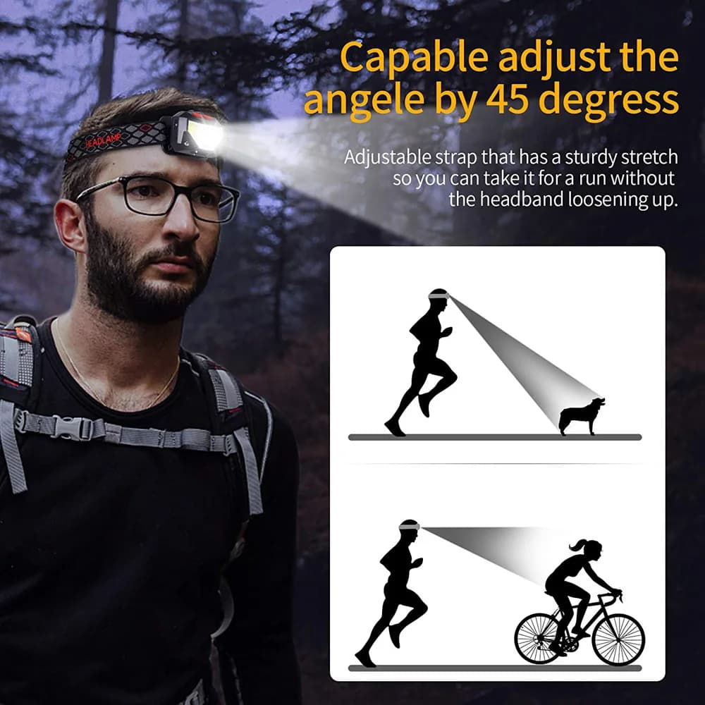 Lampe frontale LED 8 modes avec capteur de mouvement - puissante torche COB étanche pour pêche et camping