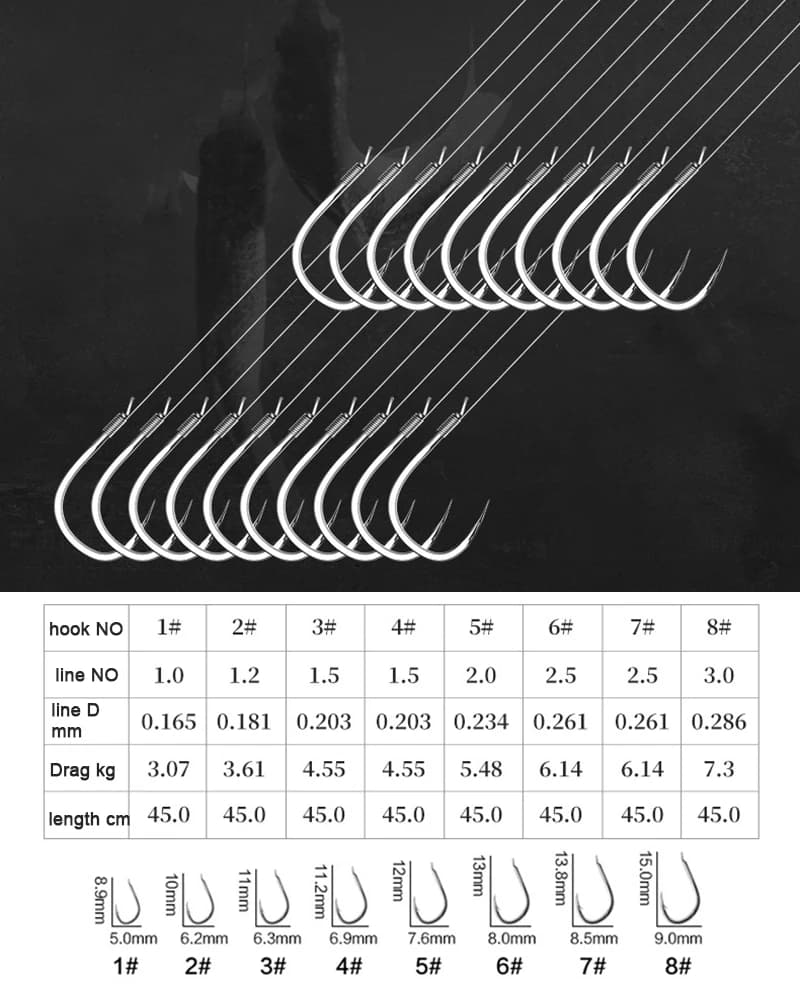 10 hameçons doubles acier carbone avec bas de ligne 45cm pour la pêche à la carpe