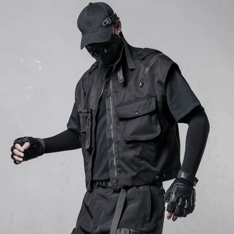 Gilet cargo homme sans manches style techwear tactical, multi-poches avec fermeture éclair et col montant