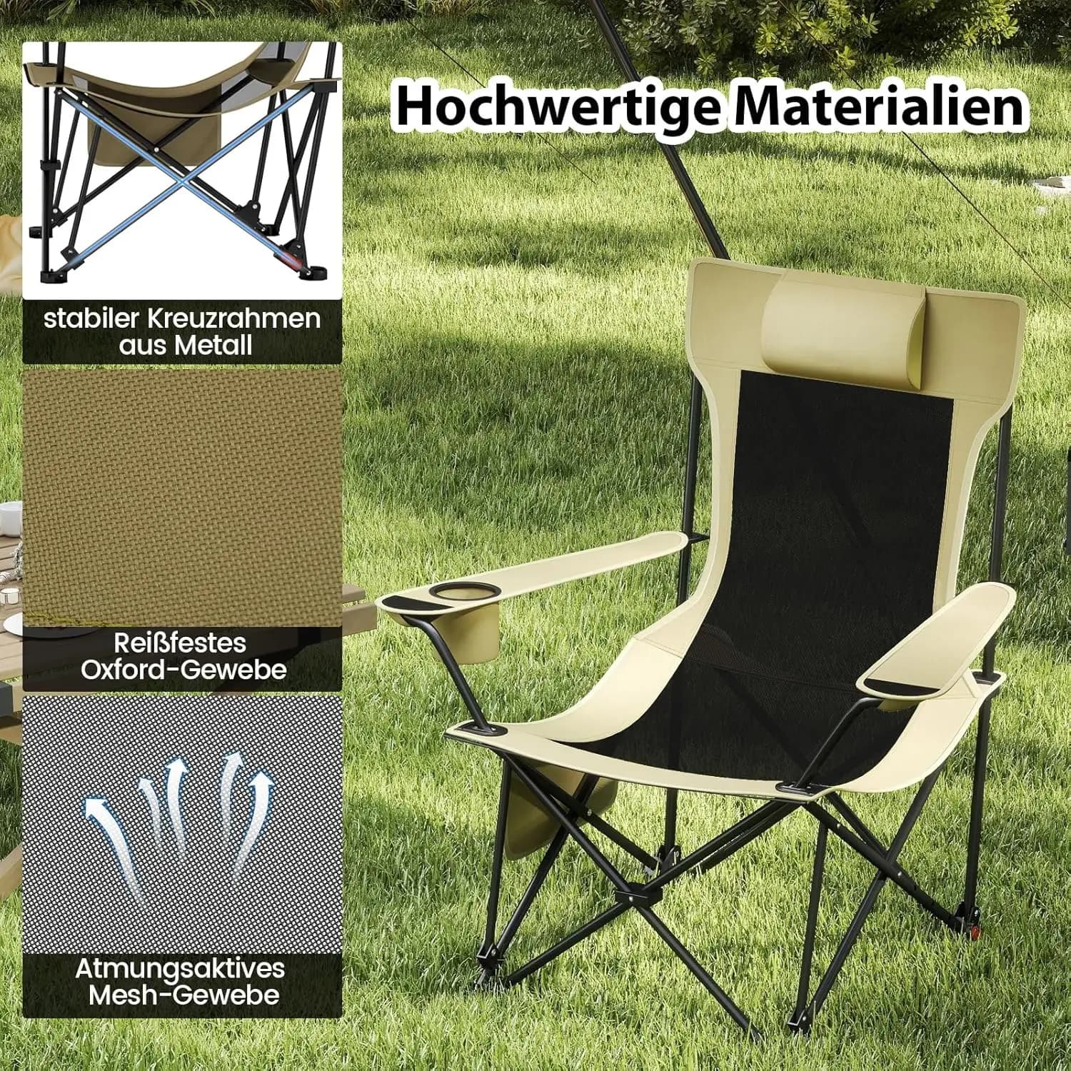 Chaise de pêche pliante avec repose-pieds amovible et dossier réglable couleur kaki