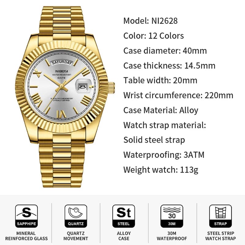 Montre homme luxe NIBOSI acier inoxydable étanche quartz rouge doré cadran numérique date semaine