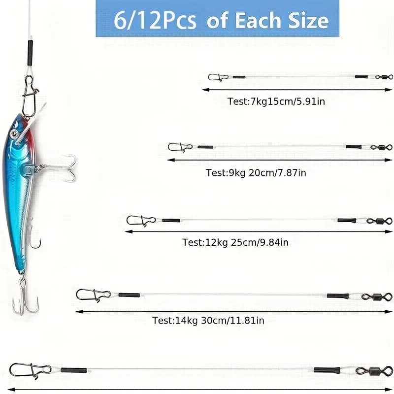 Kit 12 lignes fluorocarbone avec émerillons - Test pression 7-18kg pour cannes à pêche