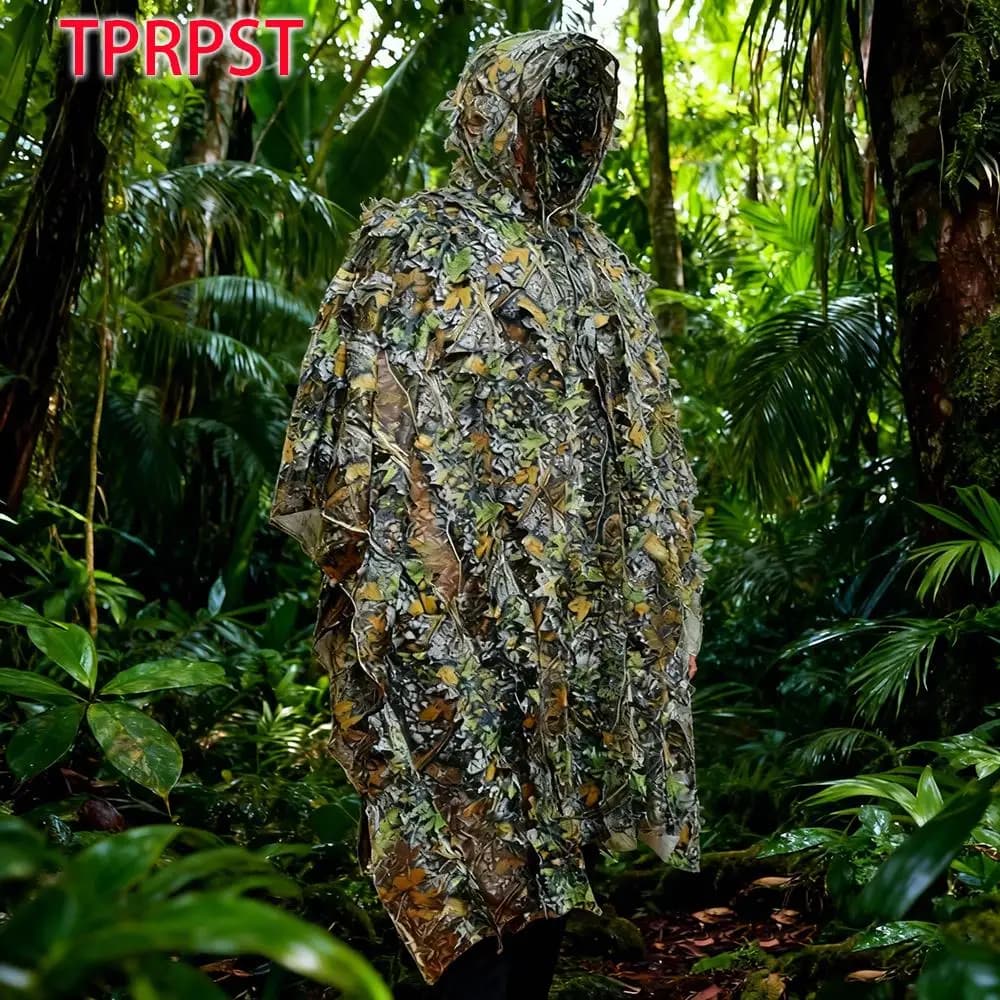 Poncho Ghillie camouflage universel léger feuilles 3D pêche chasse enfants adultes taille unique