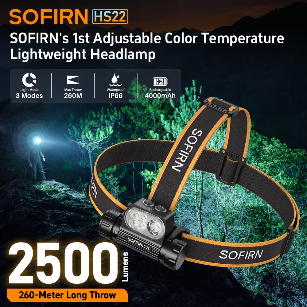 Sofirn HS22 lampe frontale 2500lm double lumière 6000K/2700K rechargeable pour pêche technique