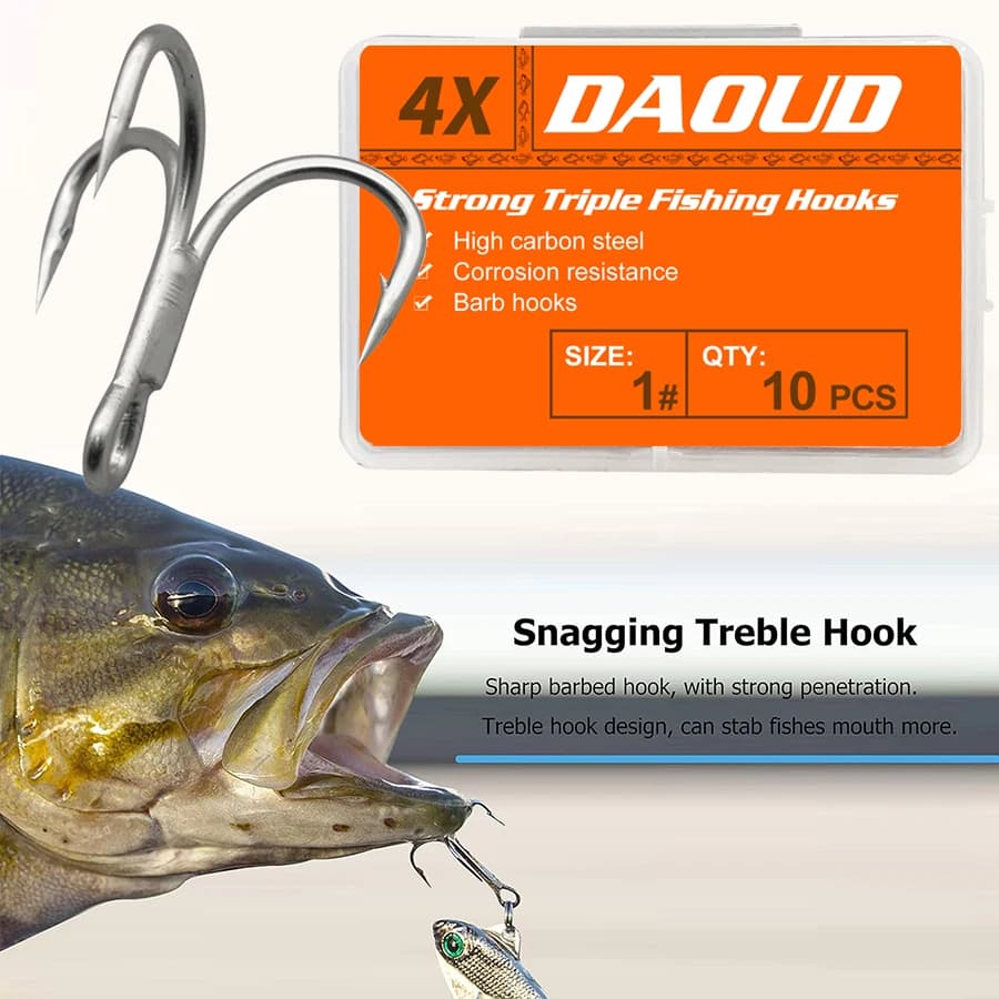 Lot de 10 hameçons triples 4X pour gros poissons - Truite, Saumon, Thazard - Tailles 8 à 3/0