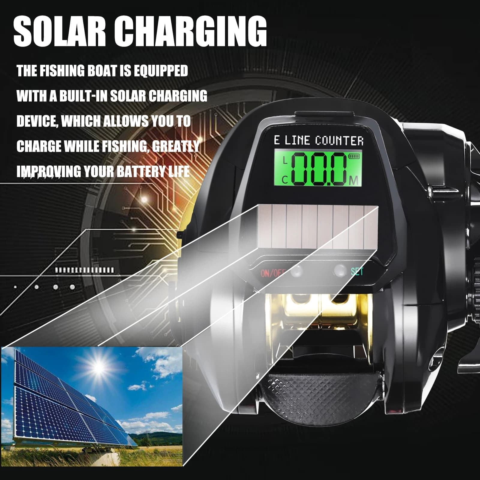 Moulinet de pêche casting électronique SAMOLLA écran LED recharge USB/solaire 7.2:1 étanche eau salée