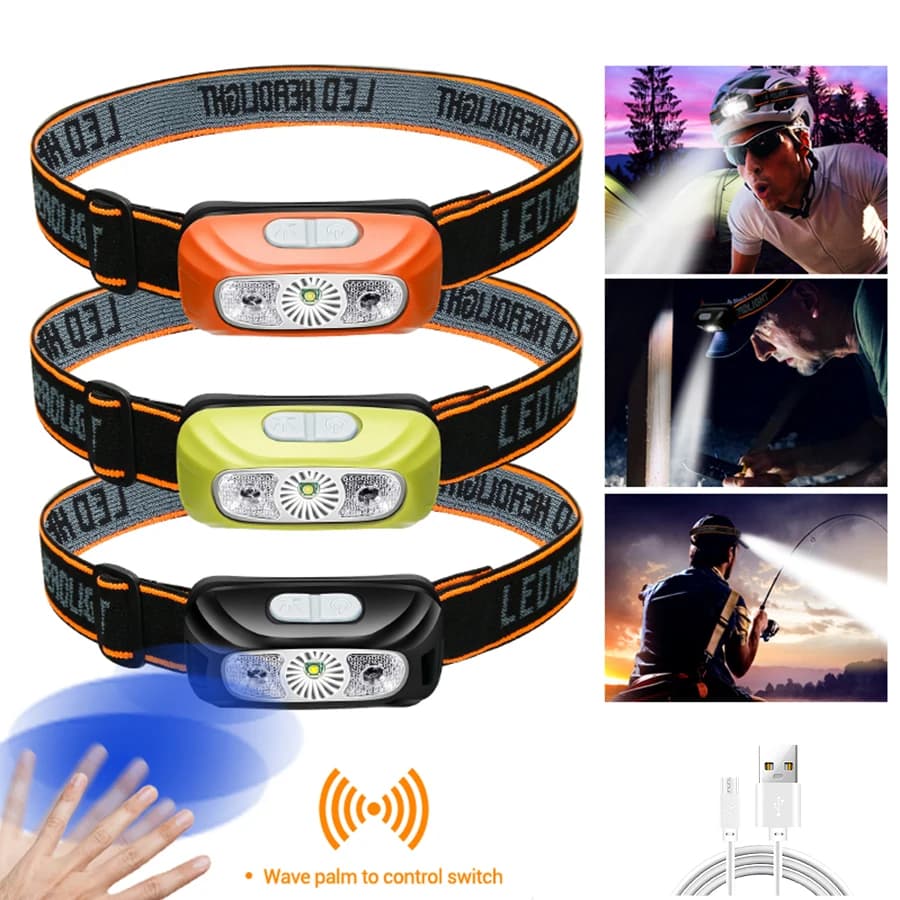 Mini lampe frontale rechargeable avec capteur COB LED pour pêche et activités outdoor