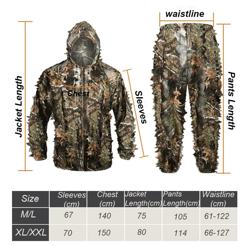 Ghillie Suit Léger Feuilles 3D Woodland - Équipement Camouflage Airsoft Pêche Chasse