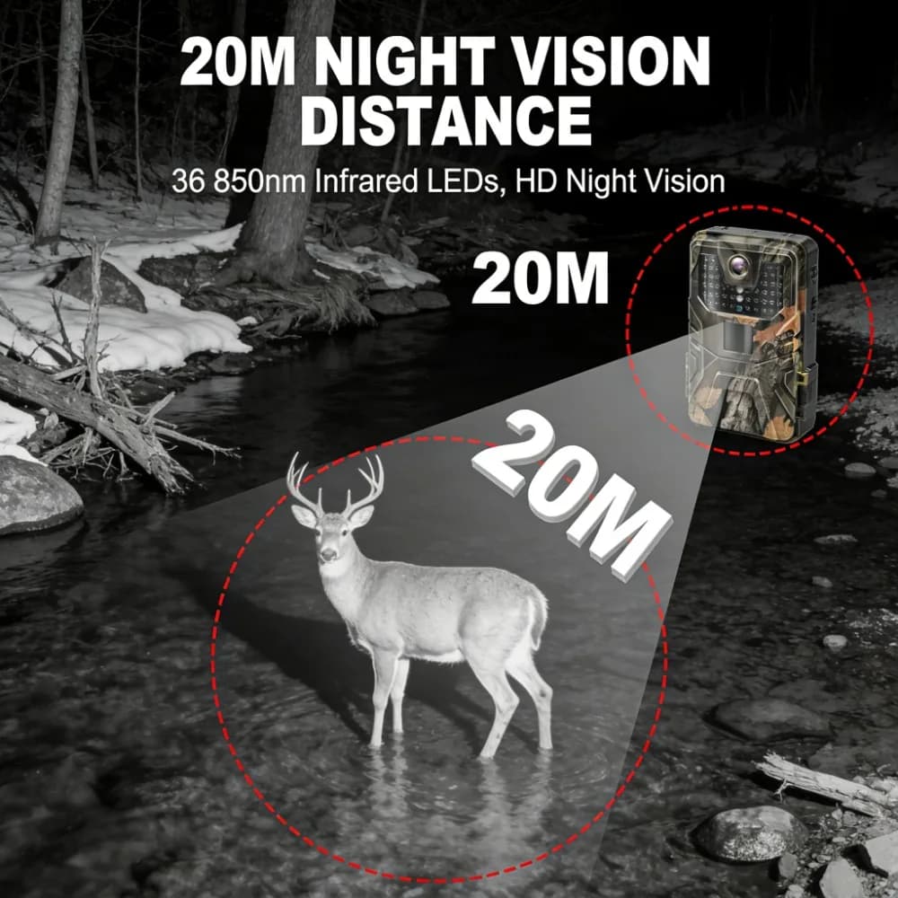 Caméra de chasse 4K WiFi vision nocturne camouflage surveillance faune étanche IP66 sans lueur IR