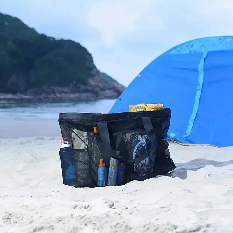 Grand sac plage léger étanche pliable avec poches filet sangles réglables épaule