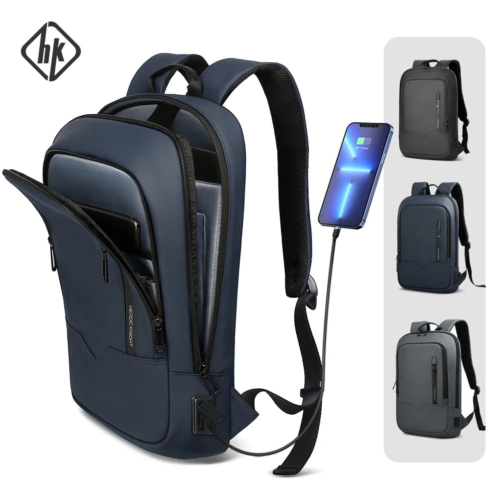 Sac à dos HK mince homme 15,6 pouces étanche - Business voyage travail USB charge minimaliste casual