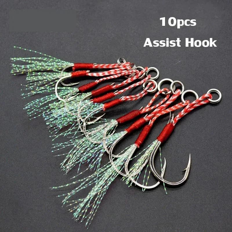 Leurres de jigging assist 10 pièces avec plumes et hameçons barbelés pour pêche lente