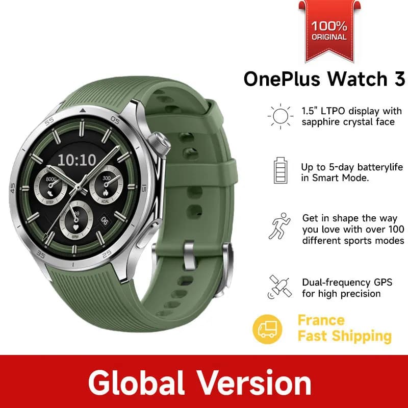 OnePlus Watch 3 - Smartwatch global Wear OS 1.5" AMOLED 32GB IP68 pour pêcheurs connectés et technophiles