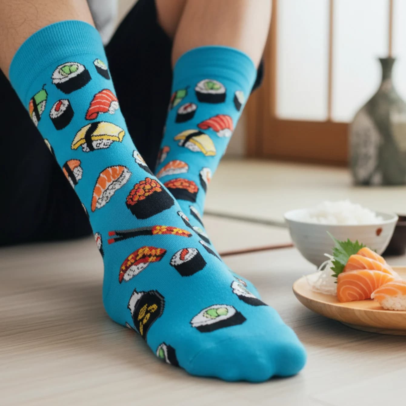 Chaussettes crew sushi japonais - 1 paire bleue respirante - Originales et confortables