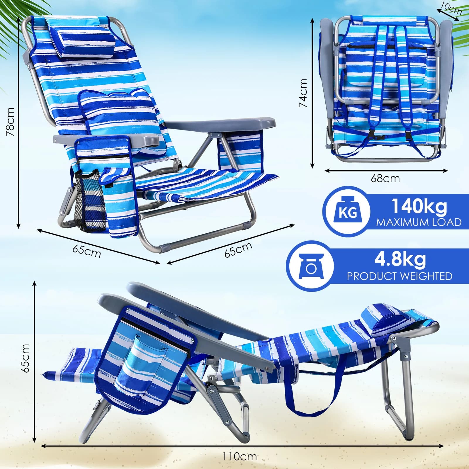 Fauteuil plage pliant 5 positions aluminium léger pêche sable bas porte-gobelet
