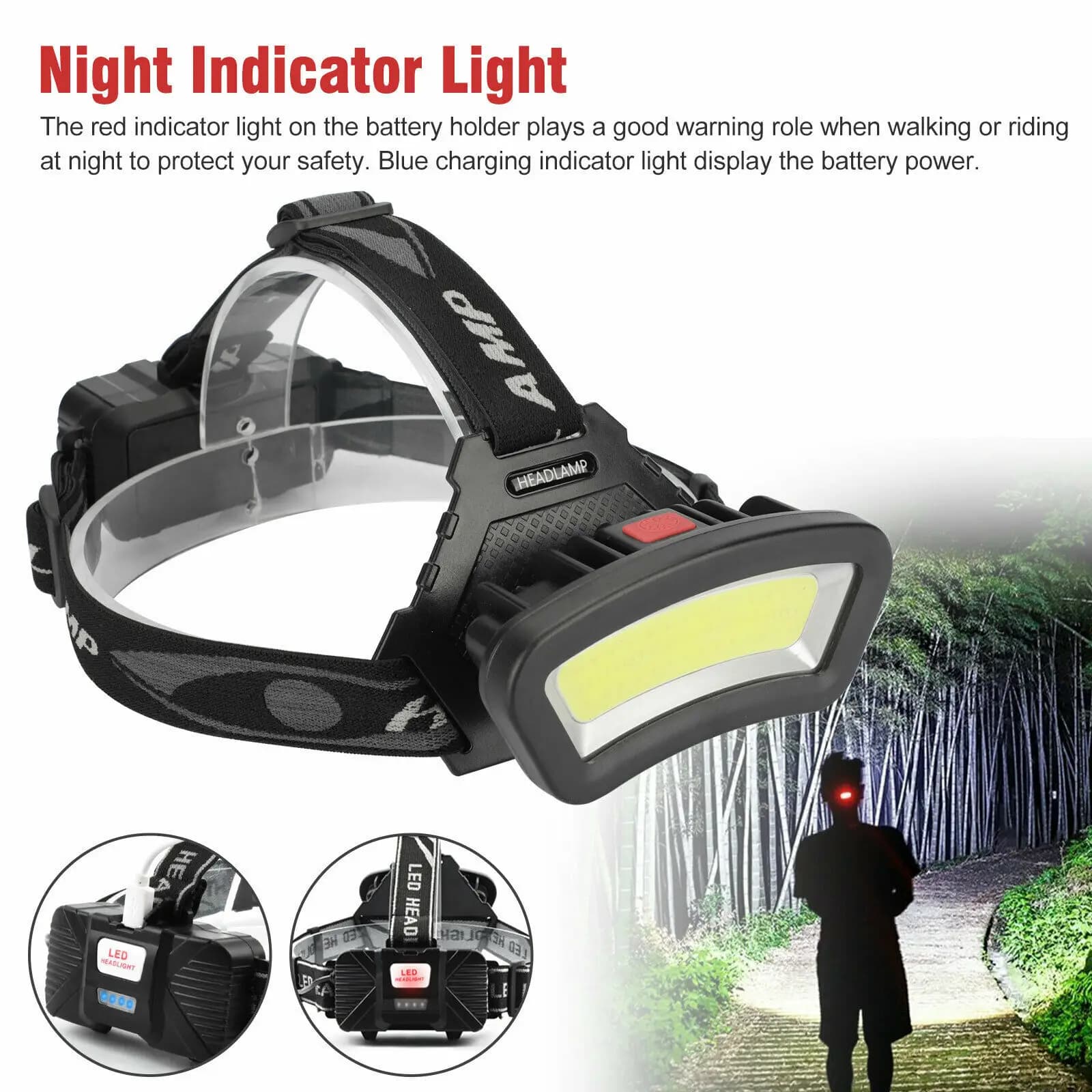 Lampe frontale COB LED angle large rechargeable USB avec indicateur batterie pour pêche