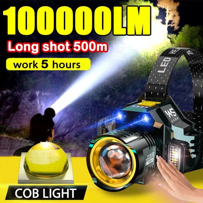 Lampe frontale LED COB puissante détecteur batterie intégrée recharge USB pêche camping lanterne torche
