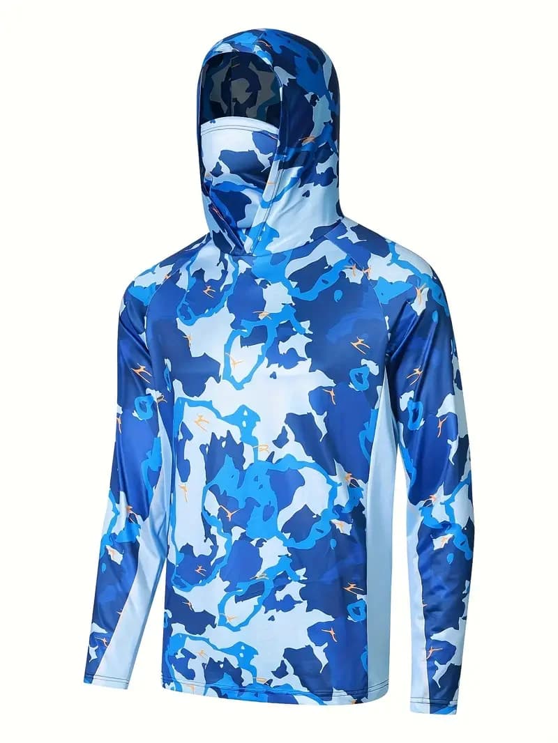 T-shirt pêche homme à capuche protection UV masque intégré vêtement technique extérieur été
