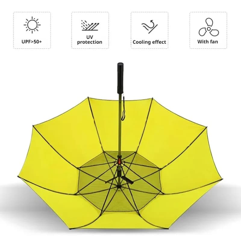 Parapluie rafraîchissant avec ventilateur et protection UV double usage soleil pluie pêche extérieur