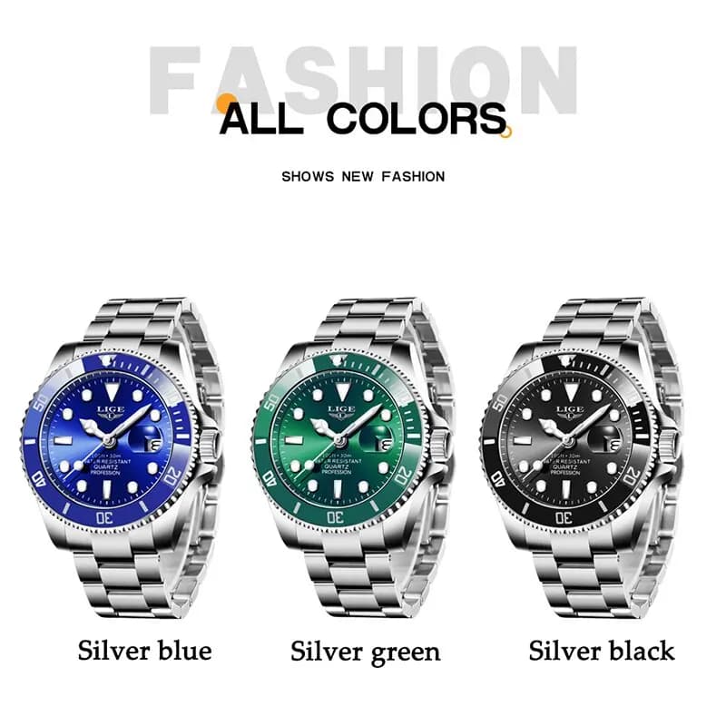 Montre plongeur homme luxe LIGE 30ATM étanche - Montre sport quartz bracelet acier pour plongée et sport
