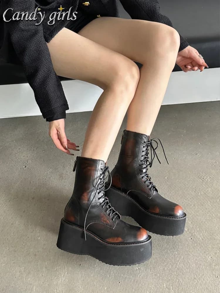 Bottes femmes talon compensé 8cm semelle épaisse vintage laçage muffin rétro pour pêche