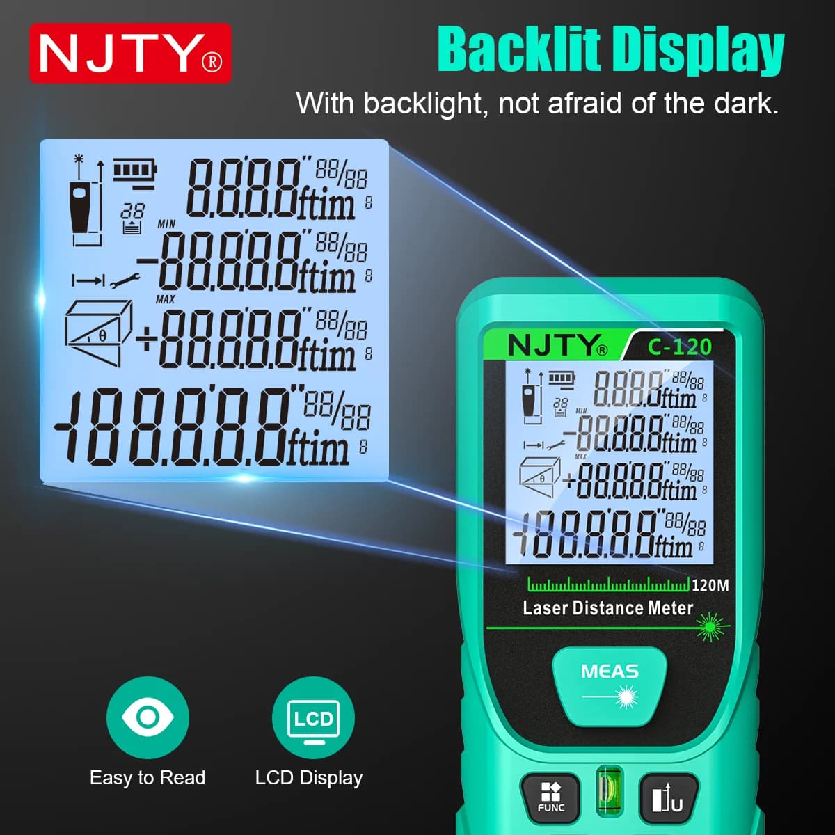 Télémètre laser vert NJTY 120m étanche IP54 - Mesure précision haute avec écran rétroéclairé