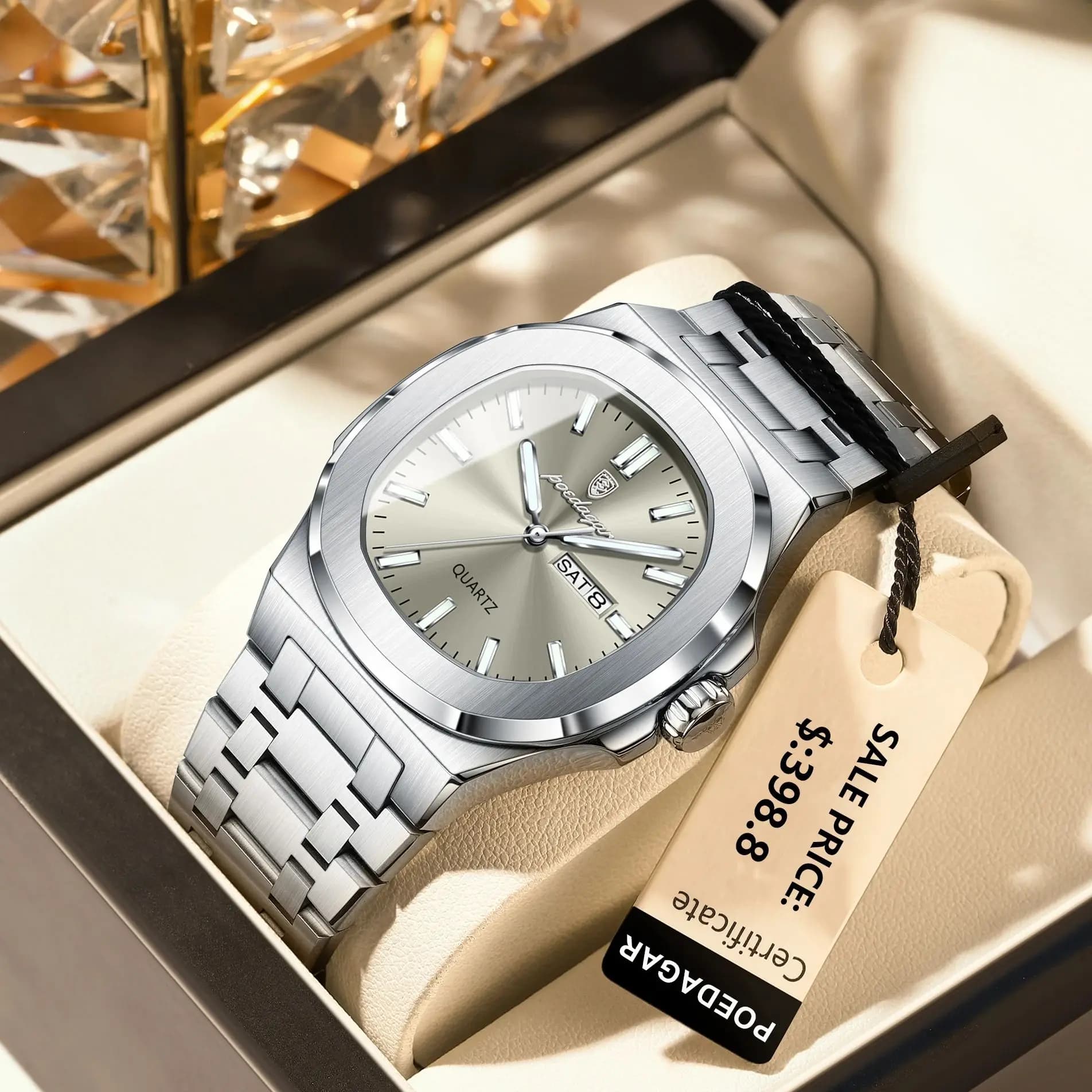 Montre militaire homme POEDAGAR luxe - Boîtier carré étanche avec date et lumières pour poignet masculin
