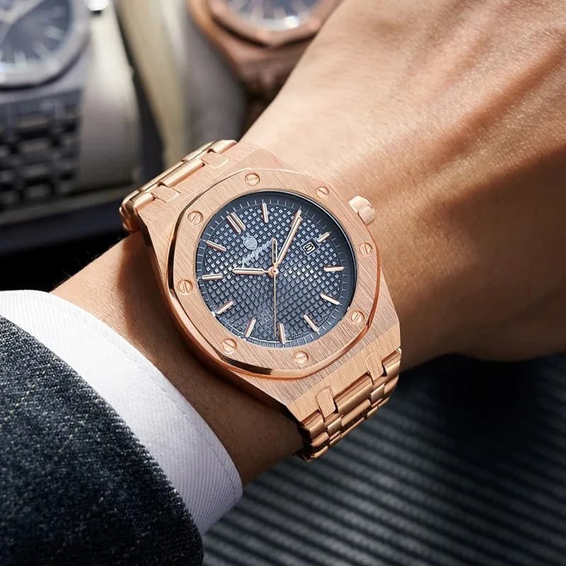Montre homme quartz luxe dorée étanche lumineuse affichage date acier inoxydable élégante professionnelle